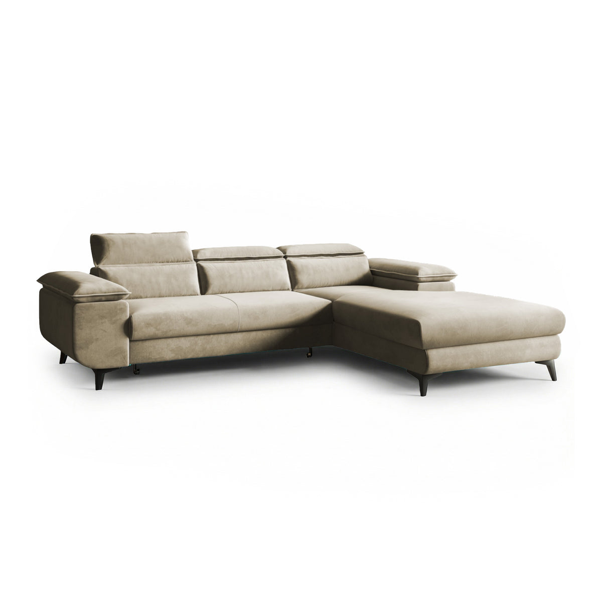 Canapé d'angle Bessi 276x205, version droite, Sable Olive (MONOLITH 04), avec appuie-têtes – canapé d'angle convertible en velours