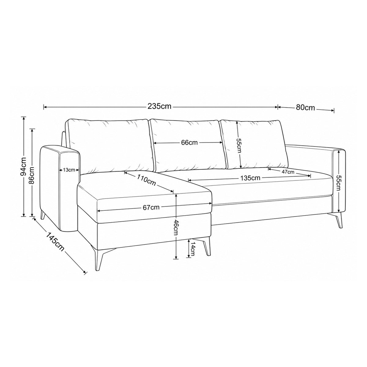 Plan coté du canapé d'angle Forra : largeur 235 cm, profondeur 145 cm, hauteur 94 cm, assise 46 cm