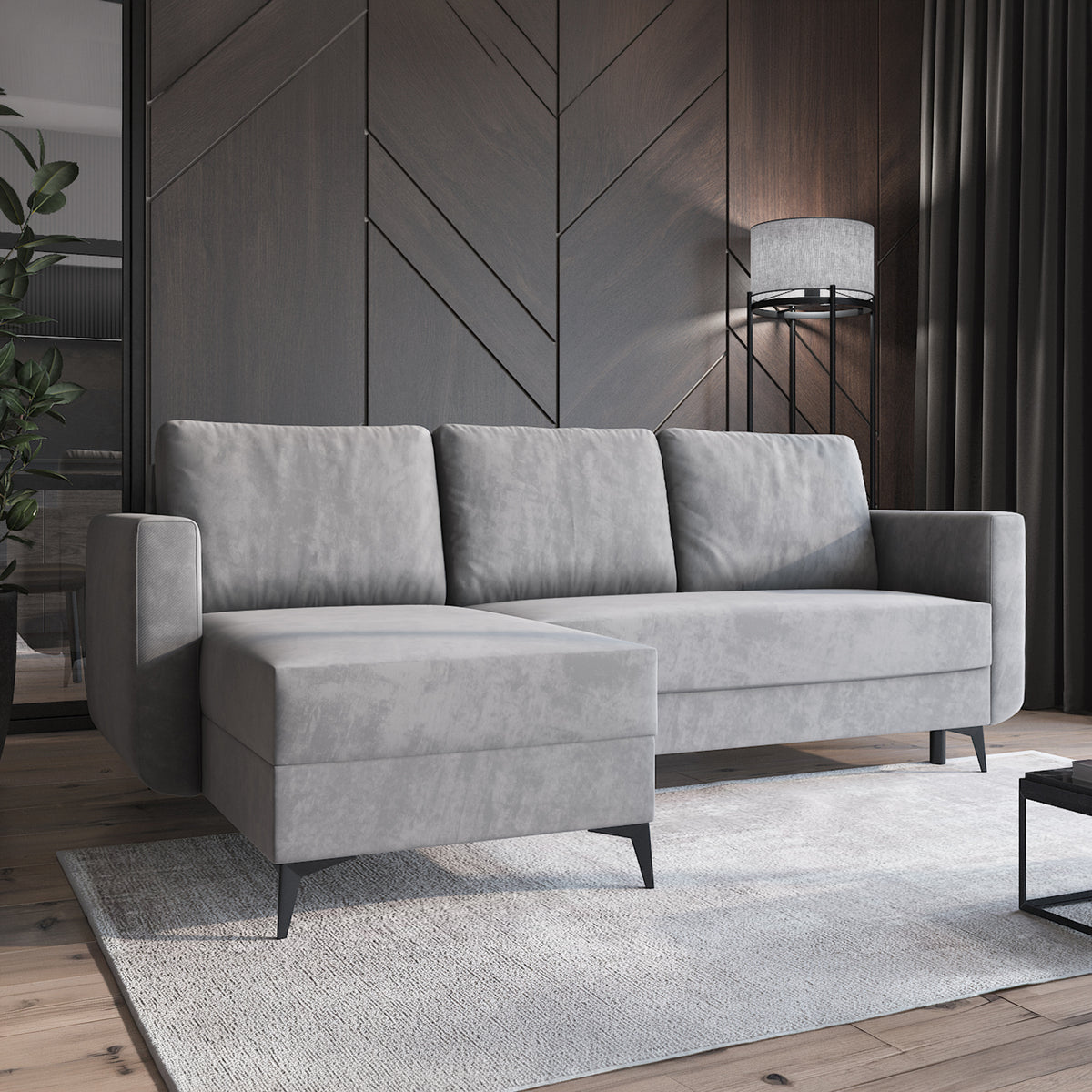Canapé d'angle Forra Gris Acier (MANILA 16) dans un salon moderne avec un tapis et une lampe, chaise longue à gauche