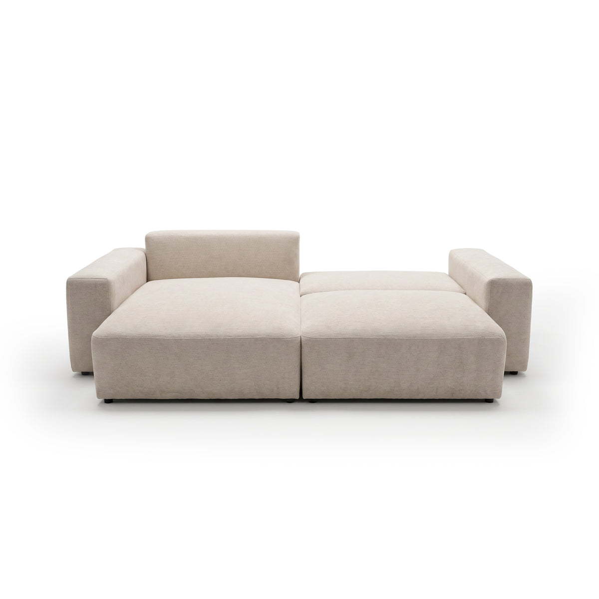 Canapé d'angle modulable Iskeli Taupe Crème (ARAGON 03), version gauche, une fois déplié – canapé d'angle avec fonction couchage Automat DL
