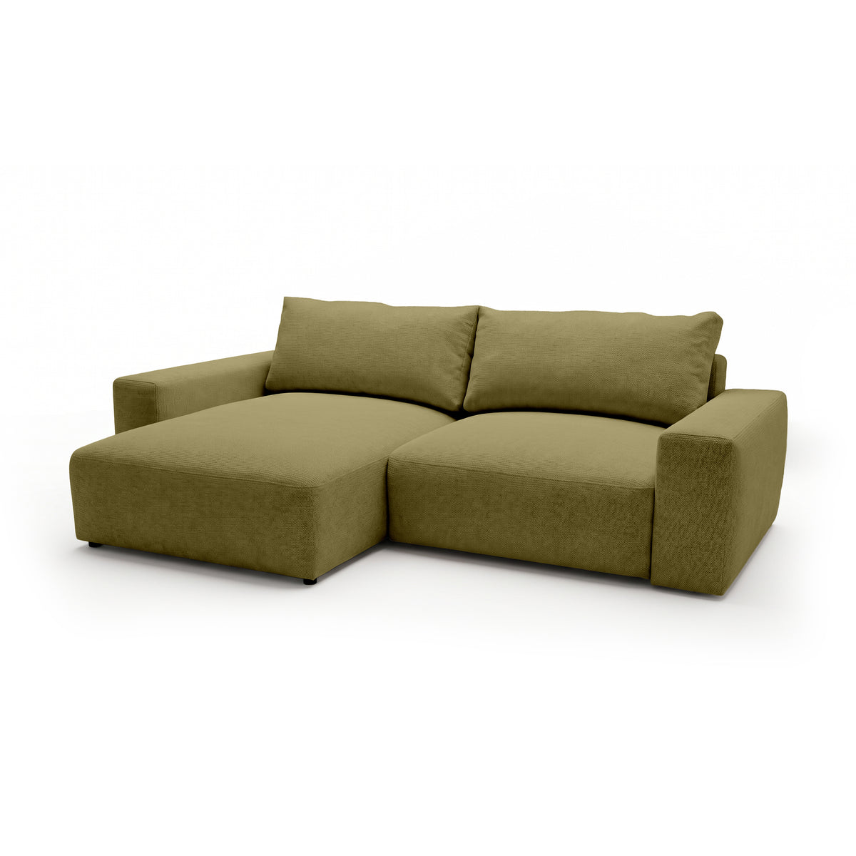 Canapé d'angle modulable Iskeli Lin Doré (ARAGON 35), version gauche, vue de trois quarts – canapé d'angle avec pouf en tissu Aragon