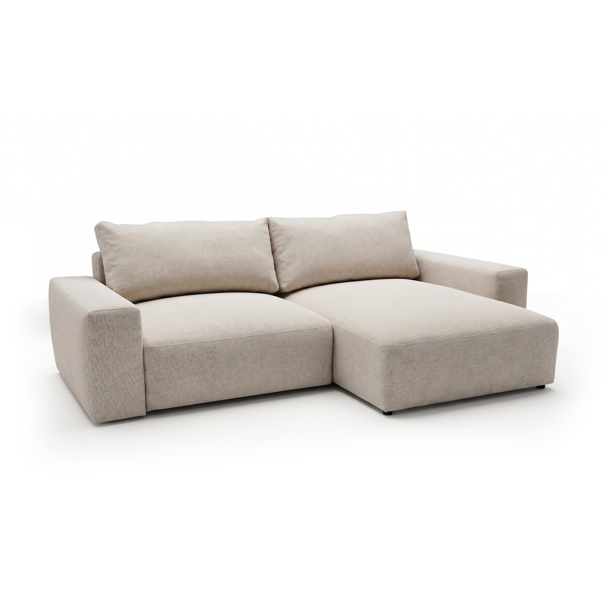 Canapé d'angle modulable Iskeli Taupe Crème (ARAGON 03), version droite, vue de trois quarts – canapé d'angle avec coffre de rangement pour la literie