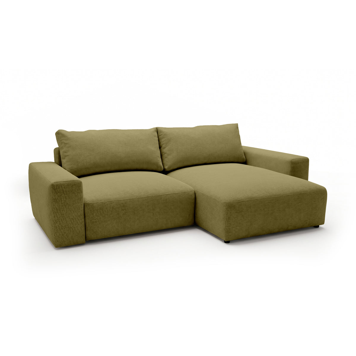 Canapé d'angle modulable Iskeli Lin Doré (ARAGON 35), version droite, vue de trois quarts – canapé d'angle avec pouf en tissu Aragon