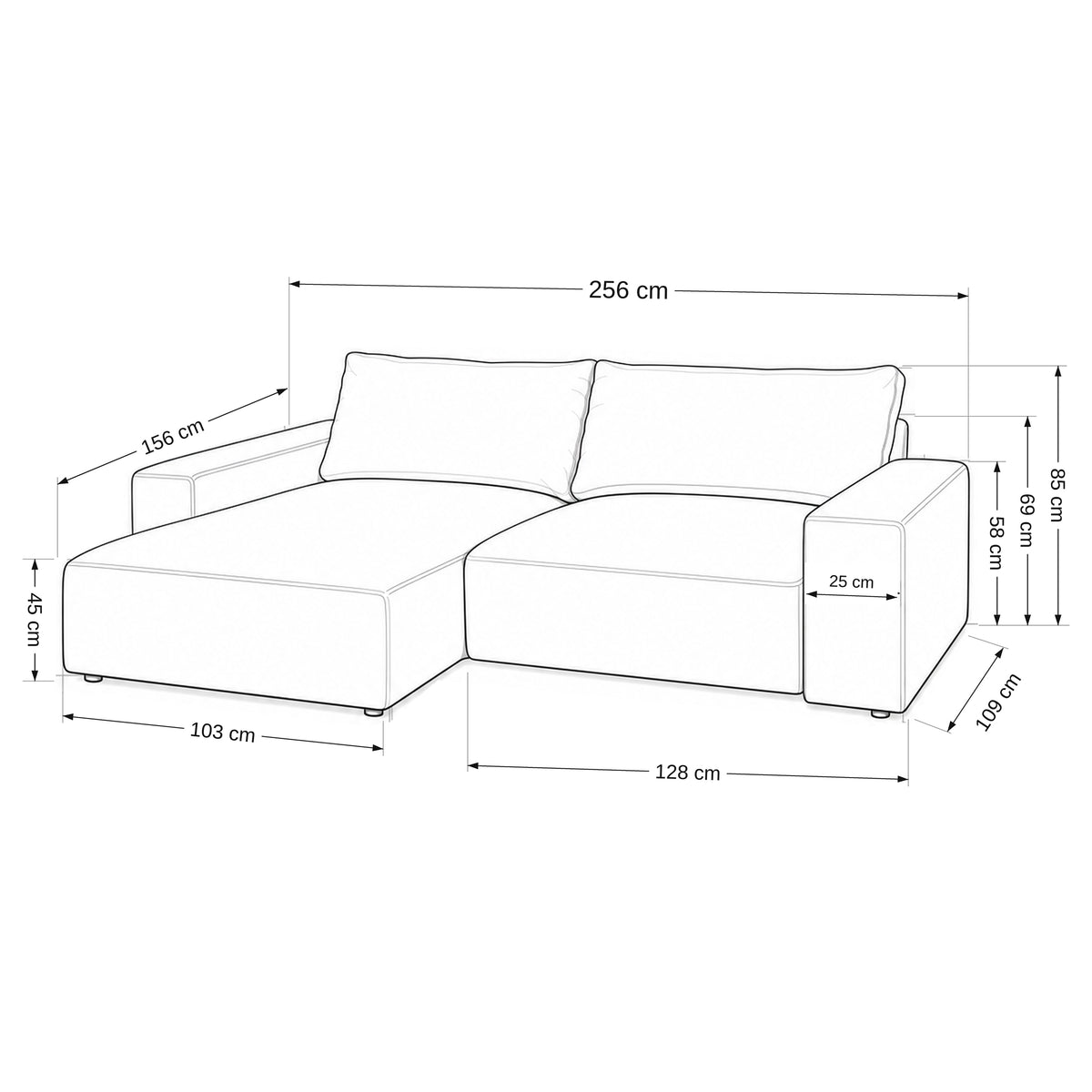 Canapé d'angle modulable Iskeli – plan coté avec la profondeur, la hauteur, le pouf et le module avec accoudoir