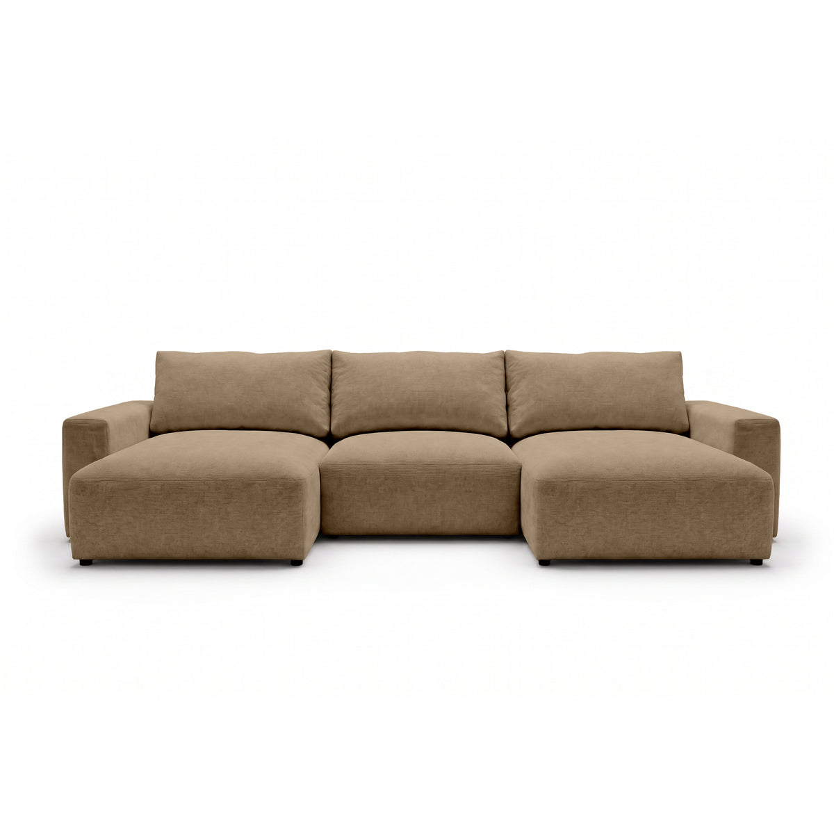 Canapé d'angle modulable U Iskeli 361 cm Beige Noisette (ARAGON 14), vue de face – canapé d'angle avec deux ottomanes en tissu Aragon