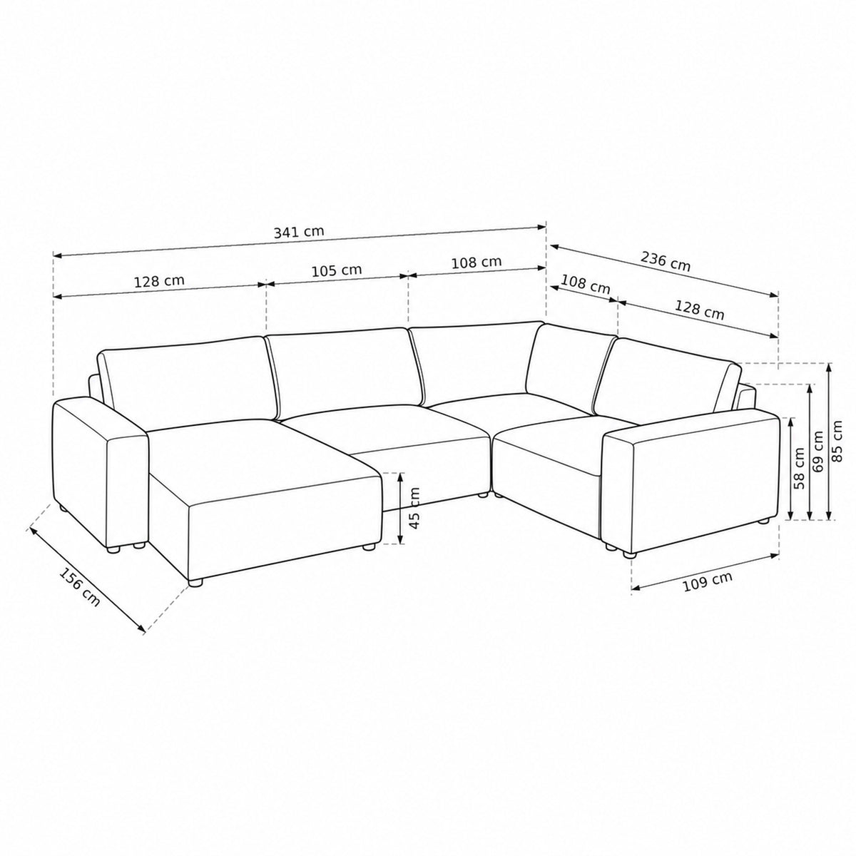 Canapé d'angle modulable UL Iskeli Plus 341 cm – plan coté indiquant les largeurs des modules, la profondeur et les hauteurs