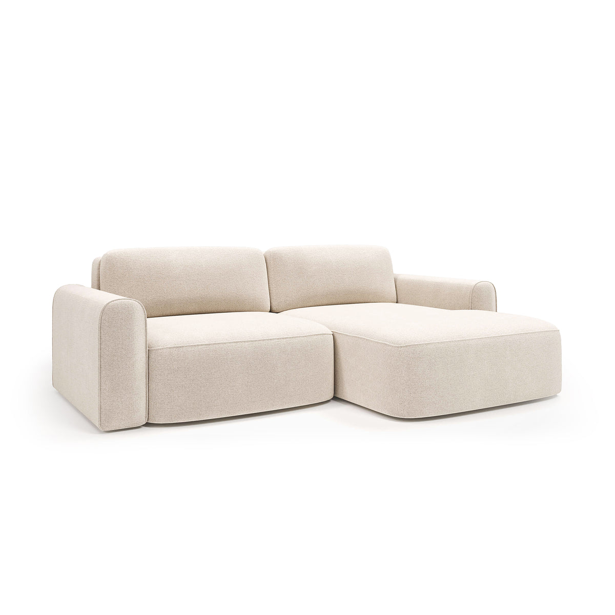 Canapé d’angle Saniri côté droit Sable Lin (CASTEL 03) – canapé d’angle avec fonction couchage, vue de trois quarts