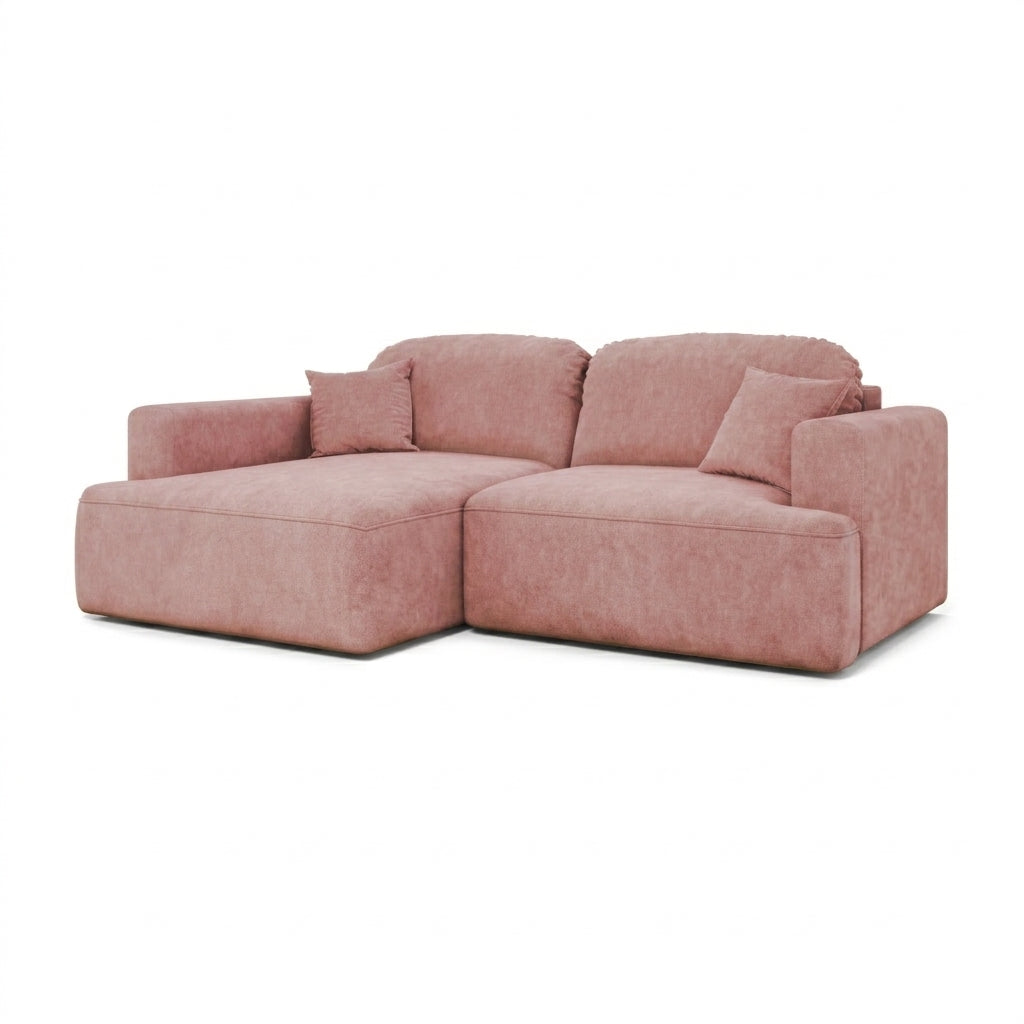 Canapé d'angle Senvali 240 cm Prune Cannelle (CLOUD 63), version gauche – canapé d'angle avec fonction couchage, vue de trois quarts