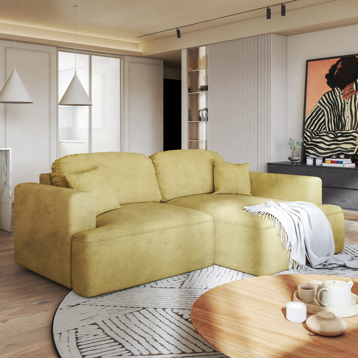 Canapé d'angle Senvali 240 cm Sépia Dorée (CLOUD 32), version droite, dans un salon moderne avec un tableau et un tapis rond