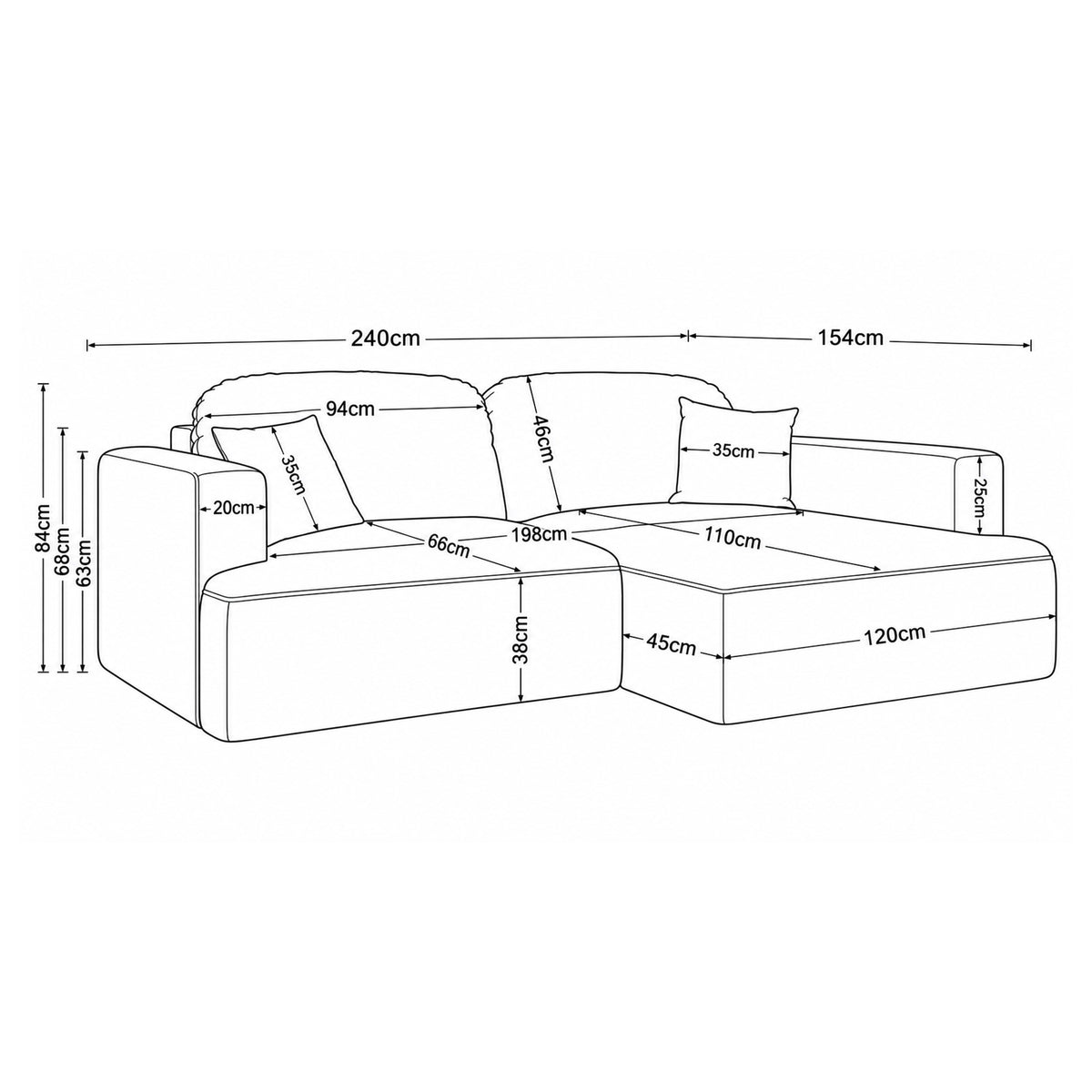 Canapé d'angle Senvali 240 cm – plan coté avec la largeur, la hauteur, la profondeur ainsi que les dimensions de l'assise et de la chaise longue