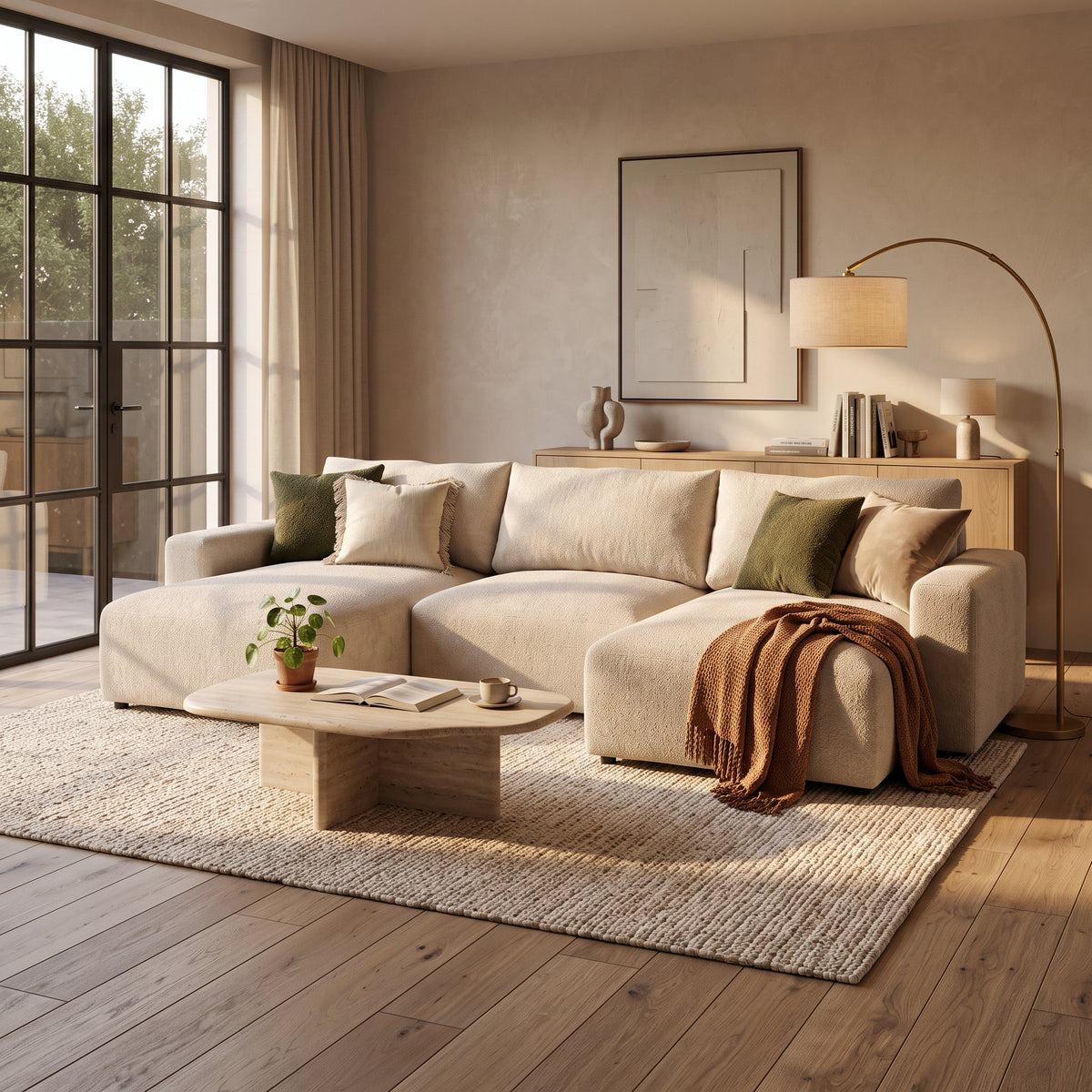 Canapé d'angle U Iskeli Taupe Crème (ARAGON 03) dans un salon lumineux avec une table en pierre, une lampe et un plaid – canapé d'angle pour le salon