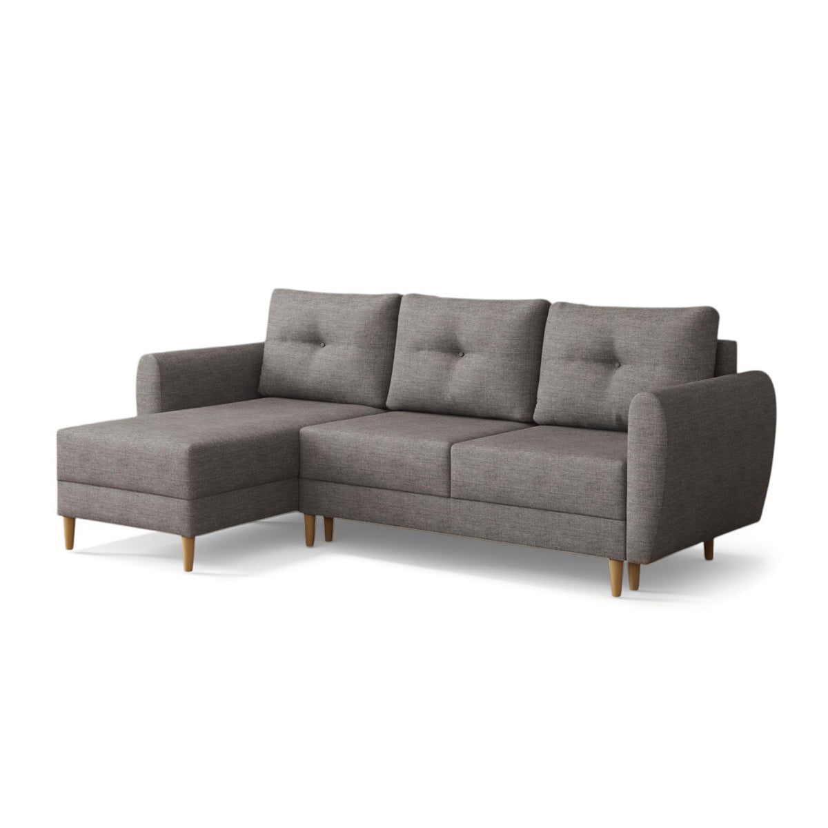 Canapé d'angle convertible Harmi 235 cm Brume Argentée (SAWANA 05), version gauche, coussins matelassés et pieds en bois