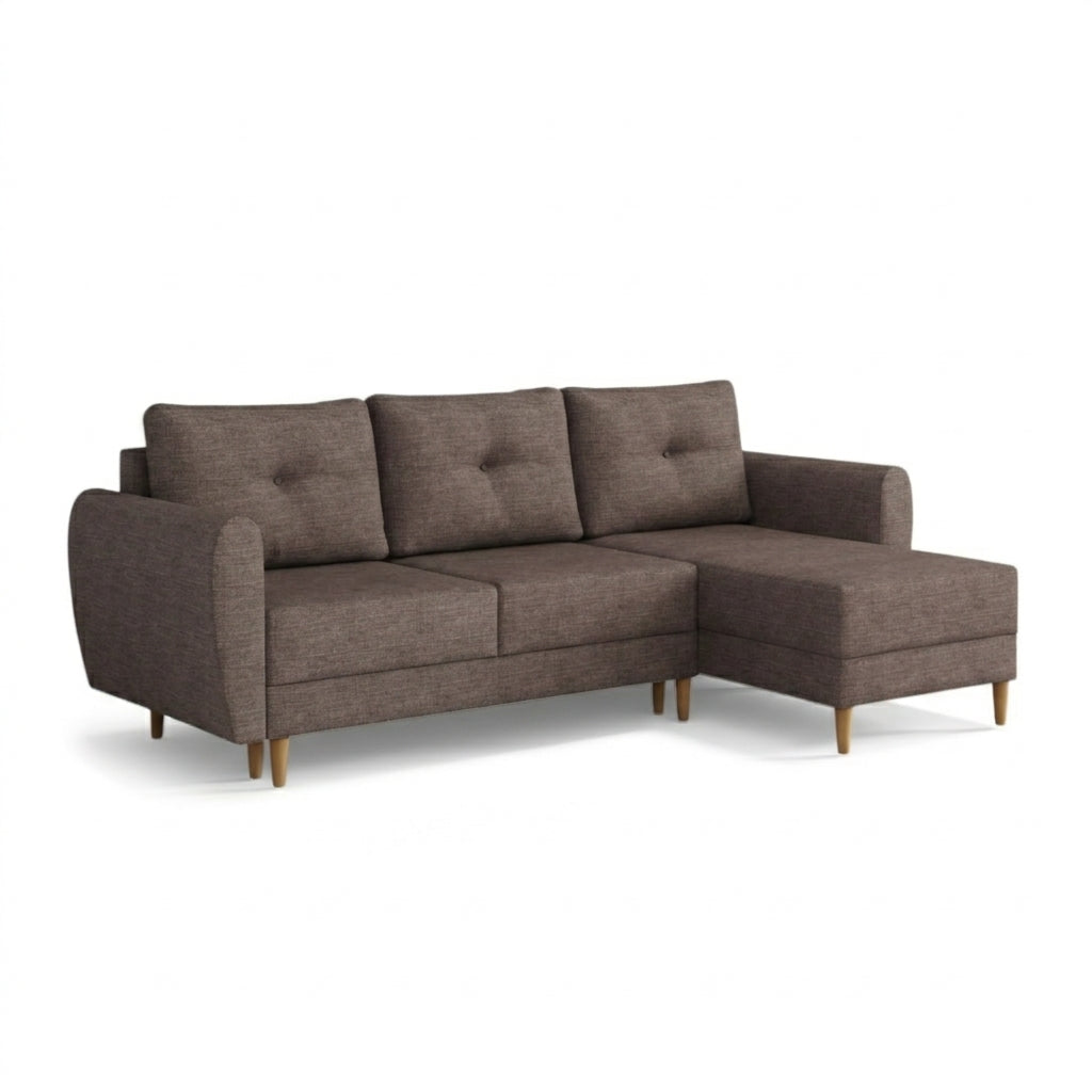 Canapé d'angle matelassé Harmi 235 cm Taupe Sable (SAWANA 12), version droite, sur pieds en bois