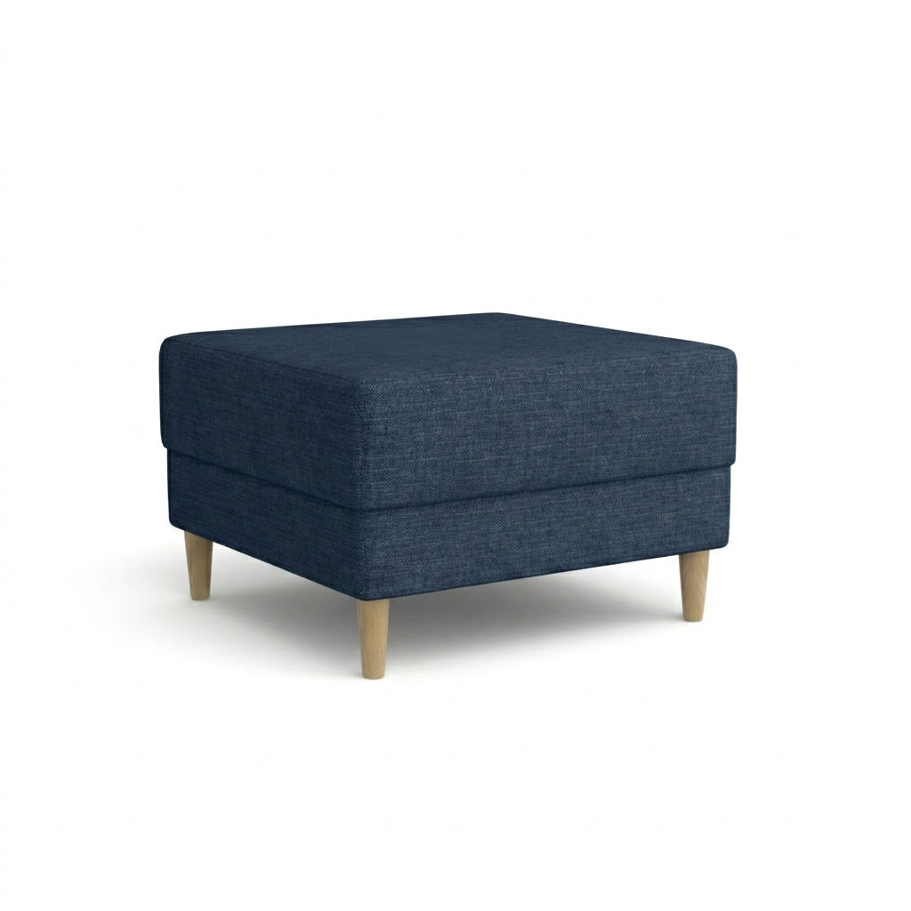 Pouf Harmi 66x66 Bleu Marine Orage (SAWANA 20) – pouf rembourré en tissu tressé, sur pieds en hêtre