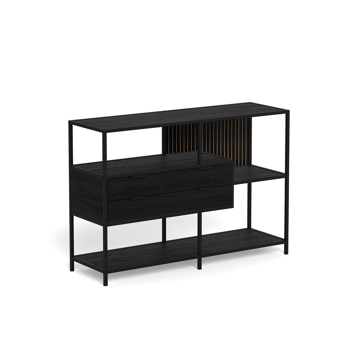Étagère basse Skeleto 114 x 78, mélamine noire – vue de profil, étagères, tiroirs et panneau à moulures noirs