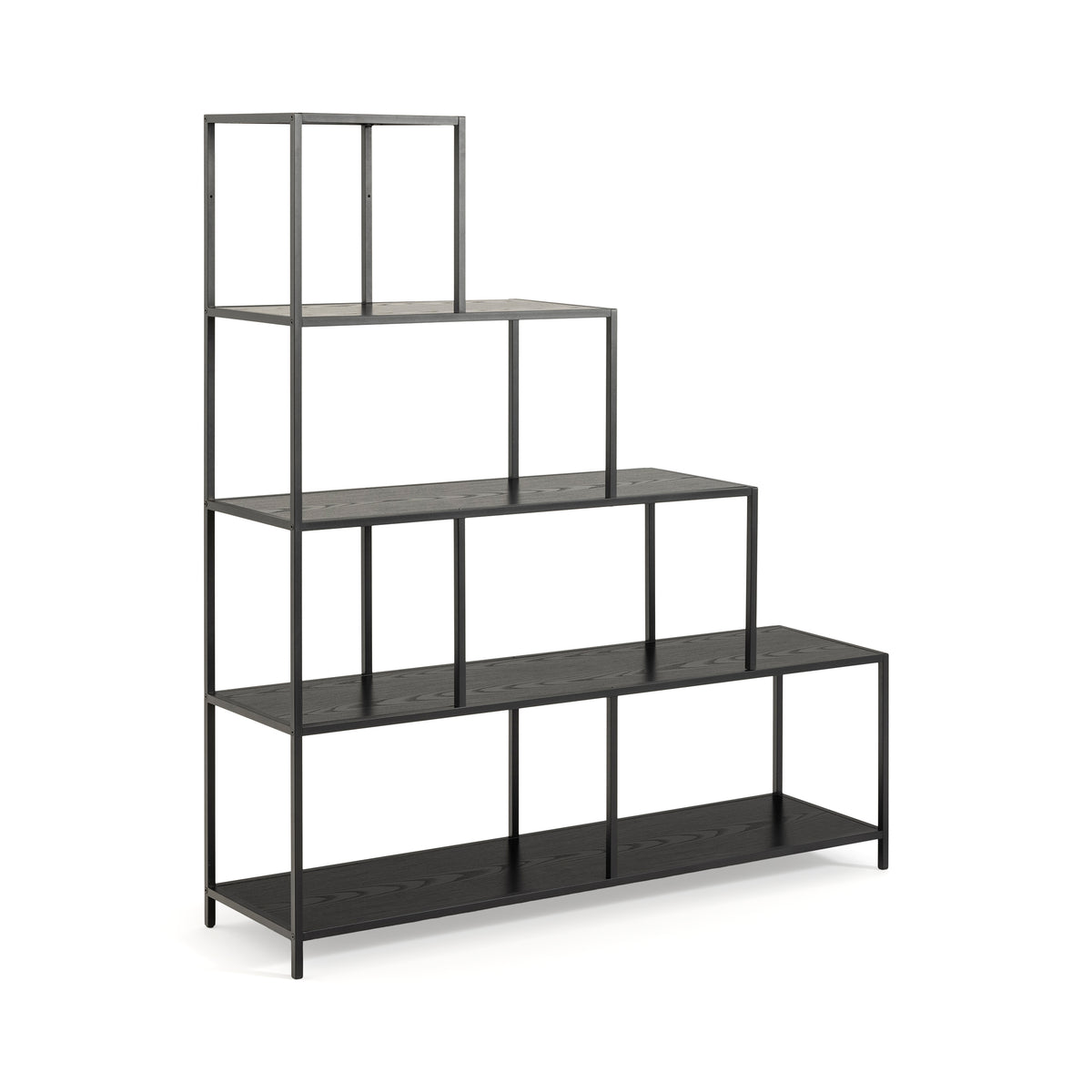 Étagère Skeleto 135x150 Mélamine Noire, vue en angle – étagère noire en escalier de style industriel