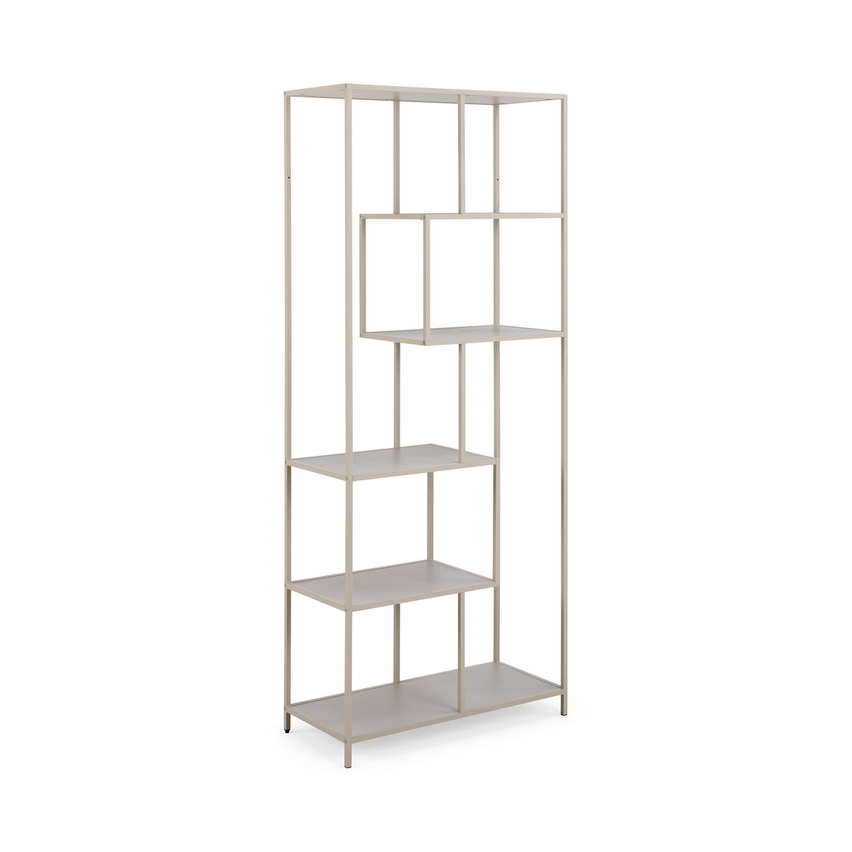 Étagère Skeleto 77 x 185, mélamine grise, vue de profil – étagère claire pour livres sur un cadre gris