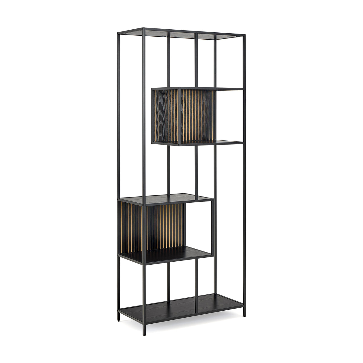 Étagère Skeleto 77 x 185, mélamine noire – vue de profil sur le cadre en acier et les deux compartiments asymétriques, étagère à livres
