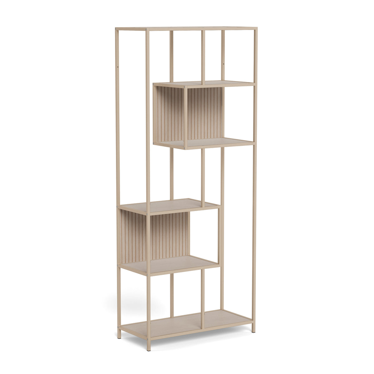 Étagère Skeleto 77 x 185, mélamine grise – vue de profil, étagère claire avec un cadre en acier et deux compartiments