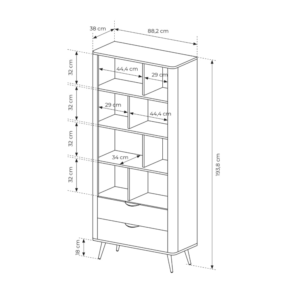 Regał Velia 88x194 z otwartymi półkami i szufladami w stylu soft loft – rysunek z wymiarami