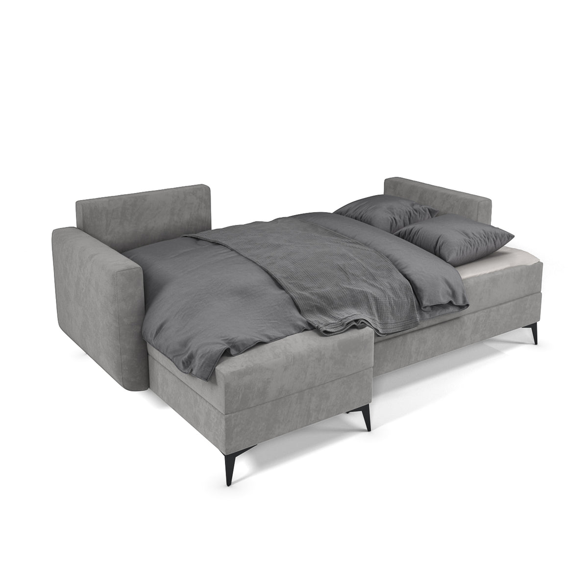 Canapé d'angle Forra Gris Acier (MANILA 16) déplié – surface de couchage 200 × 130 cm avec literie, mécanisme DL