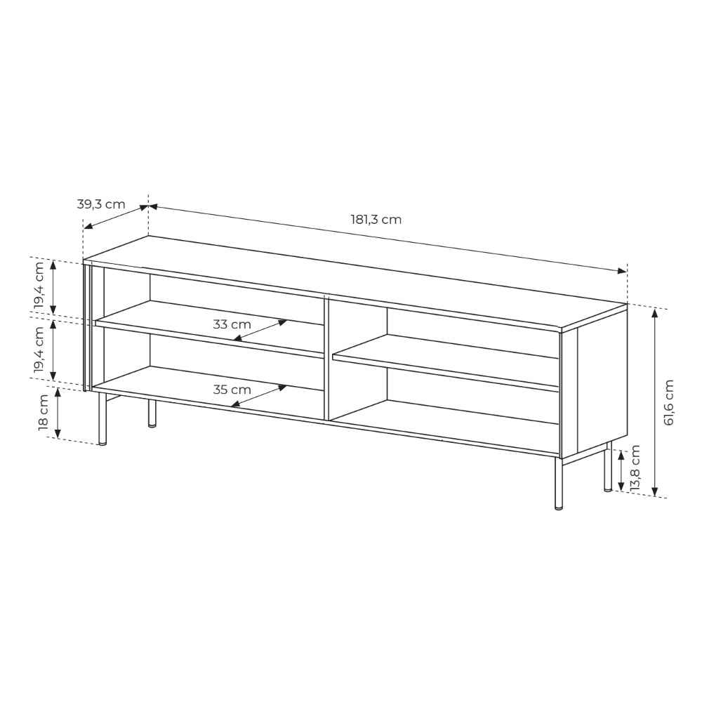 Szafka RTV Lummer 181x62 w stylu nowoczesnym – rysunek z wymiarami