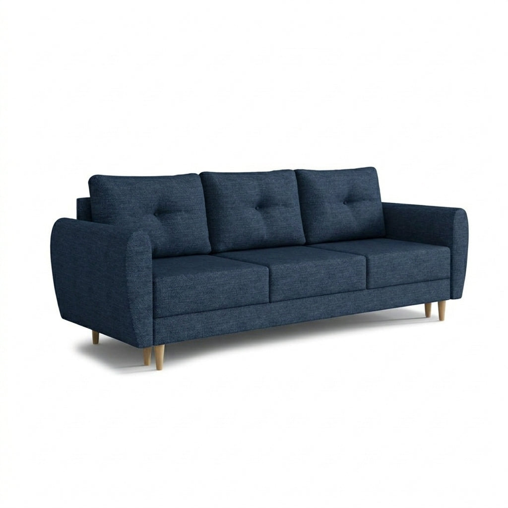 Canapé Harmi 235 cm Bleu Marine Orage (SAWANA 20) – canapé trois places avec coffre de rangement pour la literie, sur pieds en hêtre
