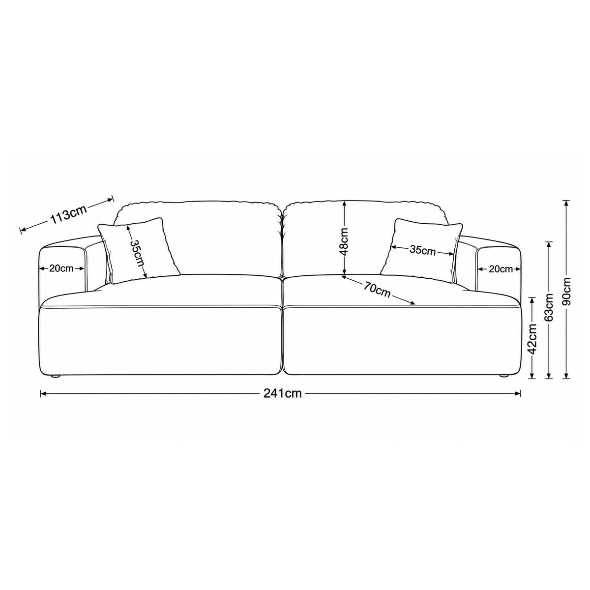 Canapé Senvali 241 cm – plan coté avec la largeur, la hauteur, la profondeur ainsi que les dimensions de l'assise et des accoudoirs
