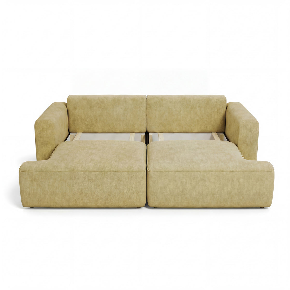 Canapé Senvali 241 cm Sépia Dorée (CLOUD 32) avec rangement ouvert pour la literie – deux compartiments sous l'assise