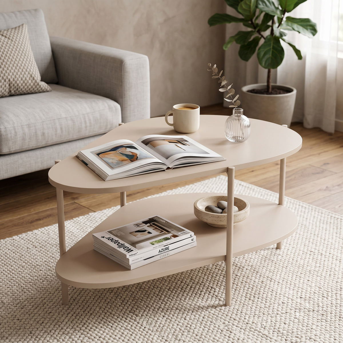 Table basse EKLIPSO 90x45 aux formes organiques dans un style moderne, coloris cachemire - dans un intérieur aménagé | Pillovely