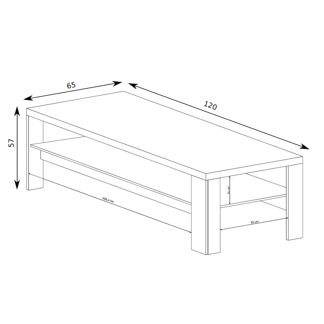 Table basse Korin 120x57 – schéma des dimensions avec largeur, hauteur et profondeur