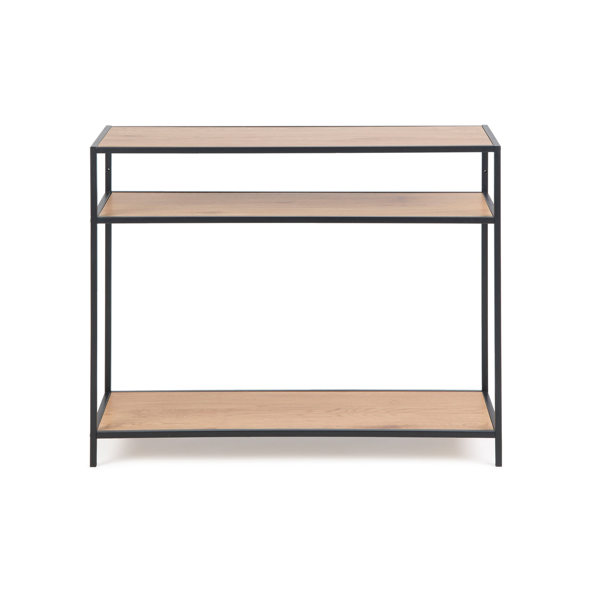 Table console Skeleto 100 x 79, chêne sauvage, vue de face – trois niveaux : plateau, étagère centrale et étagère inférieure