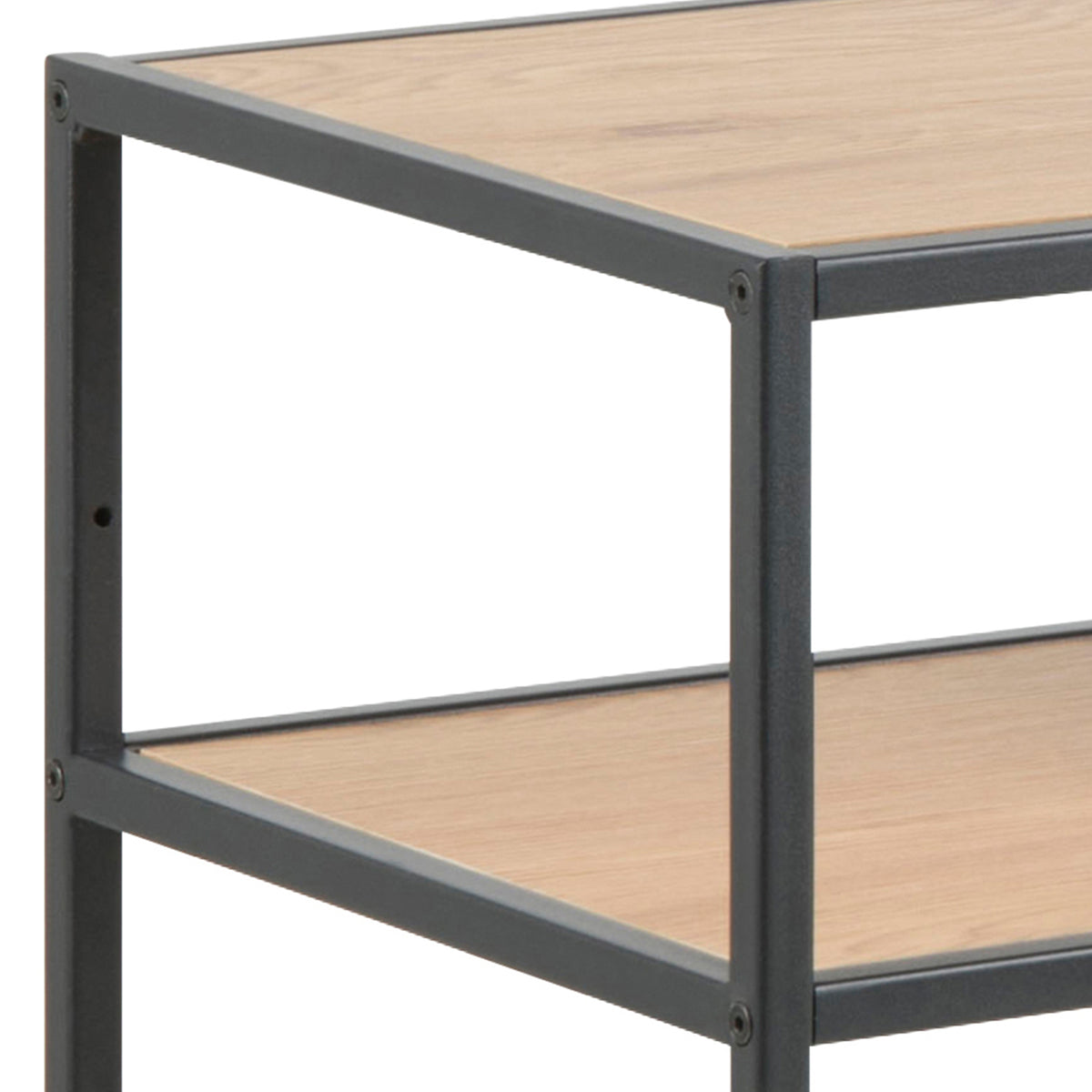 Console Skeleto 100 x 79 « Chêne sauvage » – gros plan sur le coin du cadre avec le plateau et l'étagère au décor « chêne sauvage »