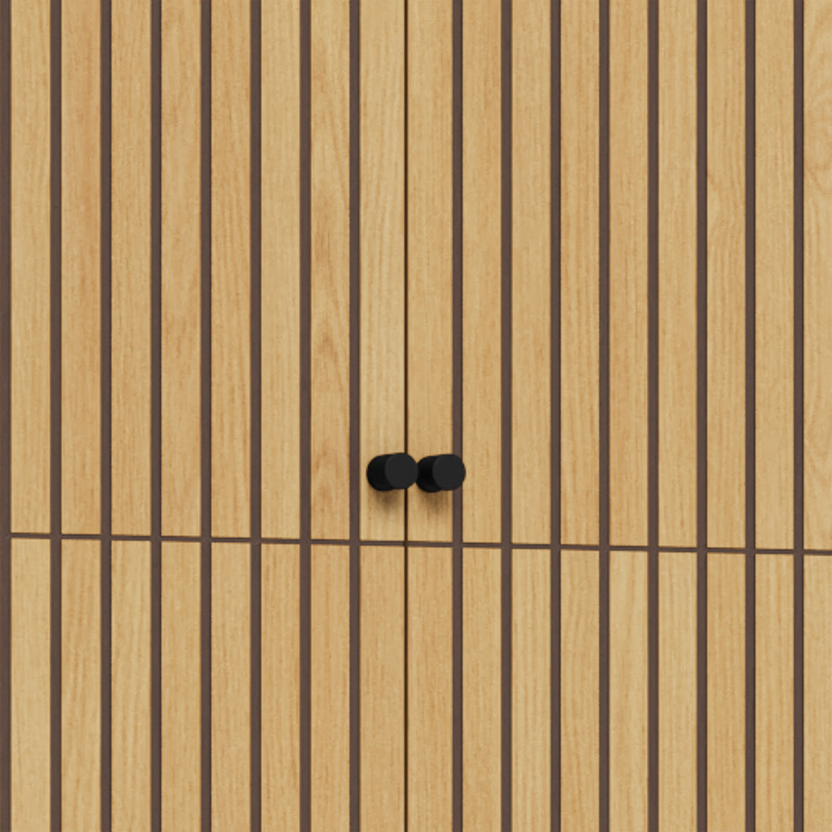 Armoire Bambouz 99x200 – gros plan sur les portes à lamelles imitation chêne avec deux poignées noires