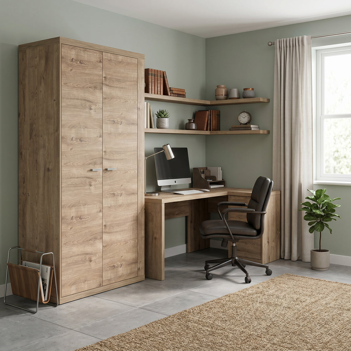 Armoire Korin 201x102 dans un bureau à mur vert, près d'un bureau et d'une plante – armoire style bohème