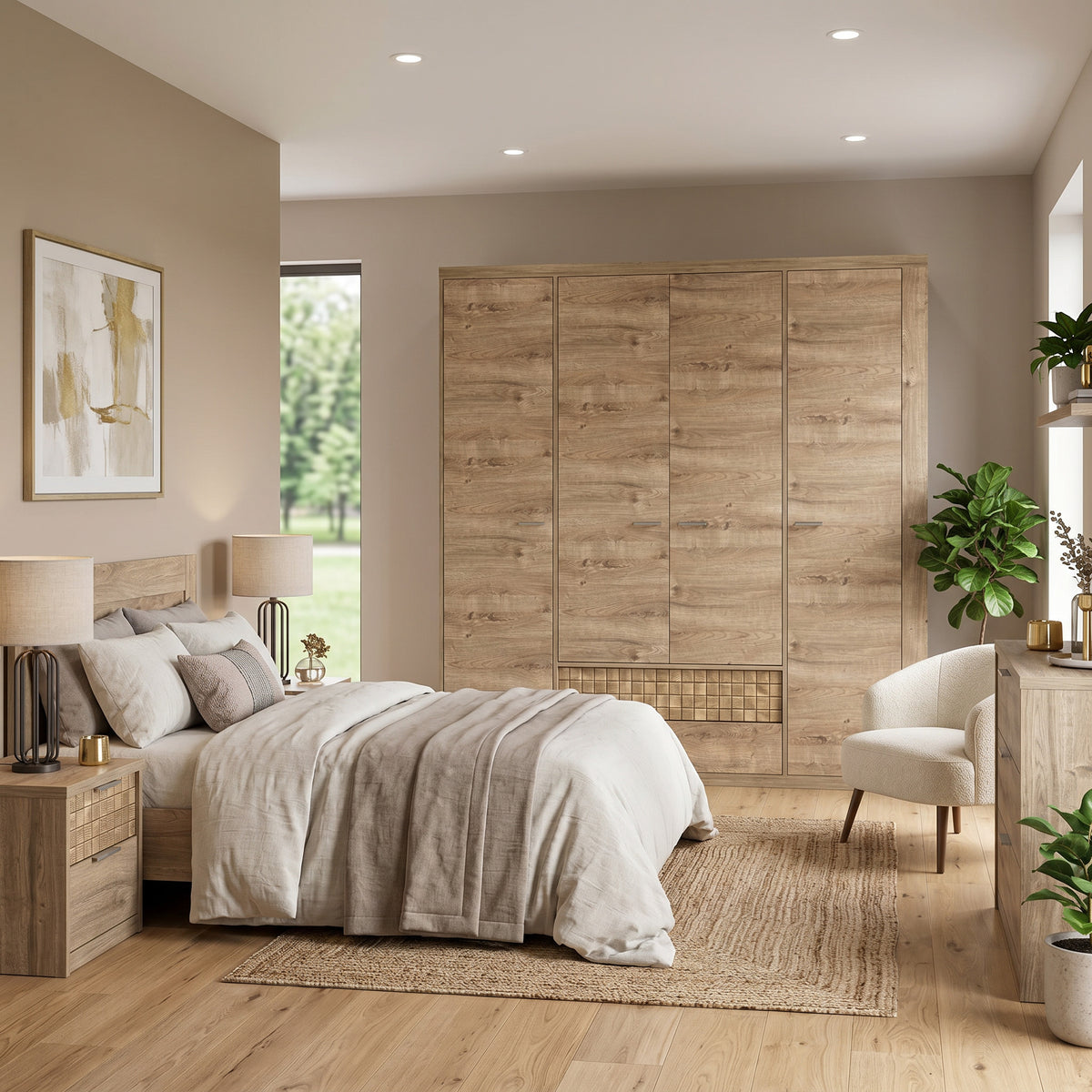 Armoire Korin 201x196 dans une chambre près du lit et d'un fauteuil bouclette – grande armoire avec tiroirs