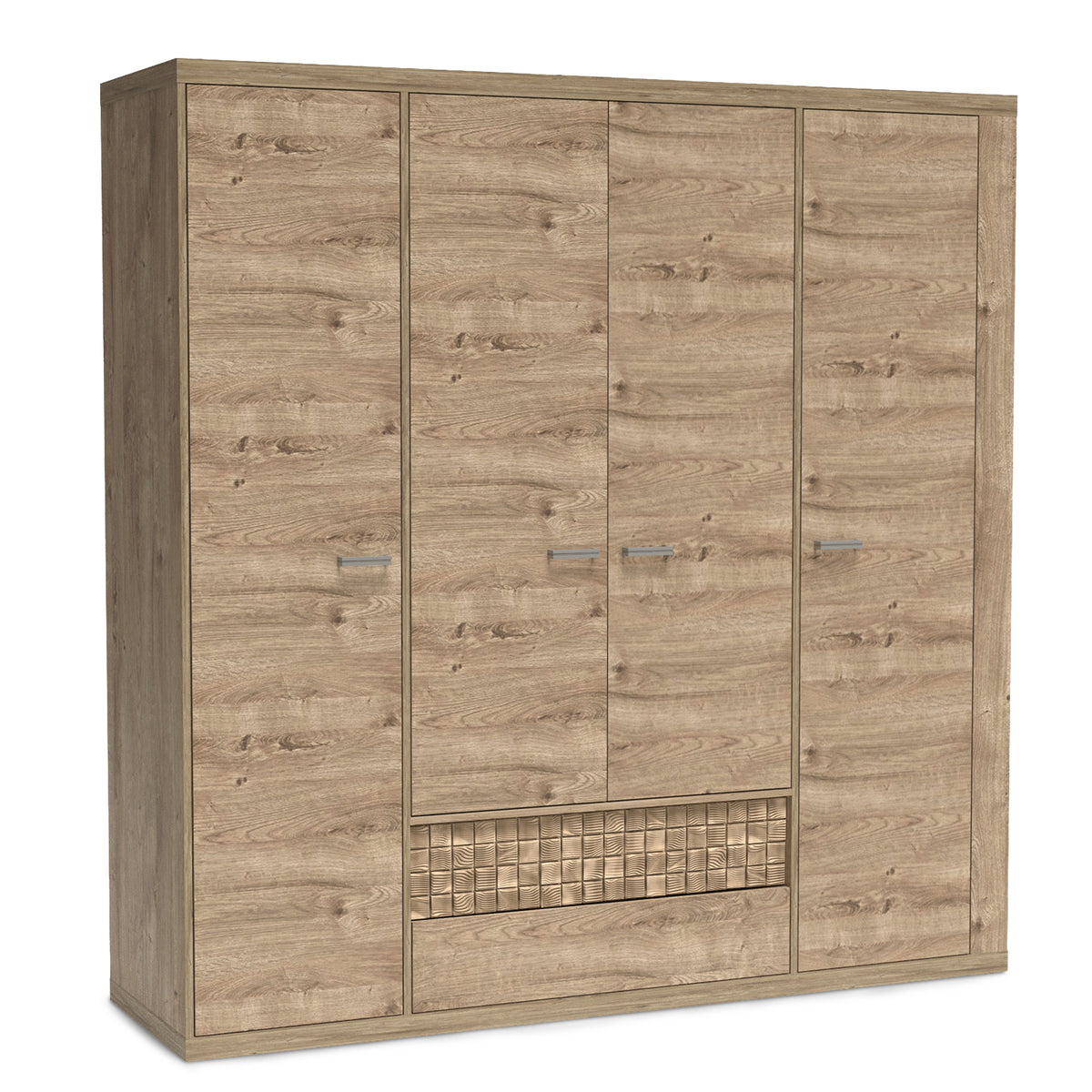 Armoire Korin 201x196 coloris chêne – armoire 4 portes avec tiroirs et façade rainurée, vue de biais