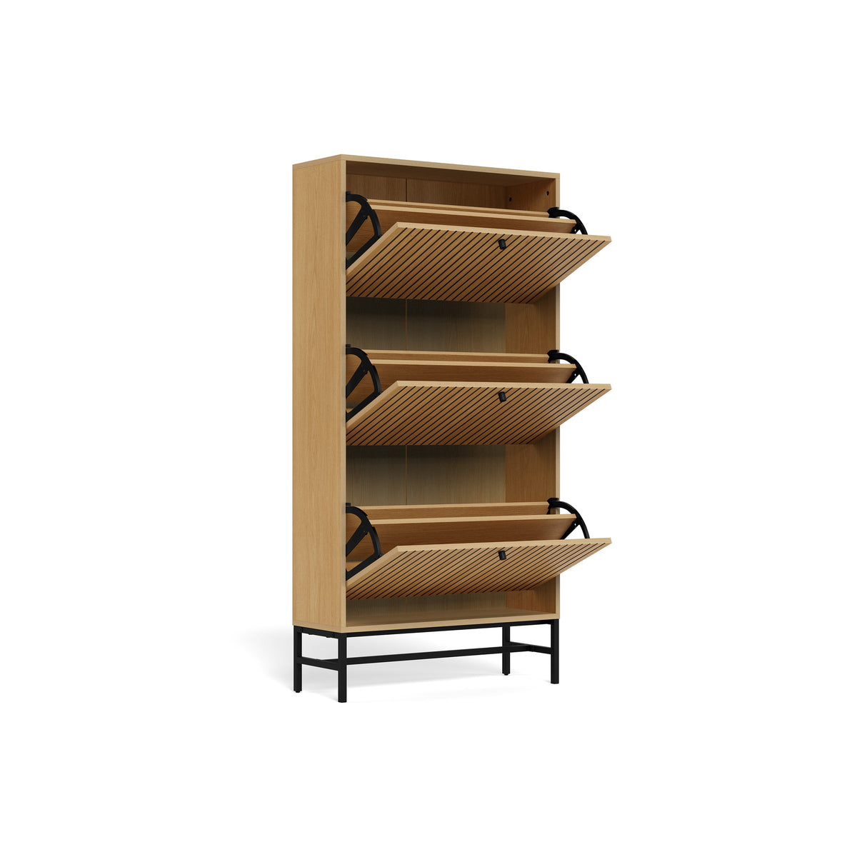 Meuble à chaussures Bambouz 72 x 141 avec trois compartiments ouverts à abattants – intérieur d'un meuble à chaussures étroit
