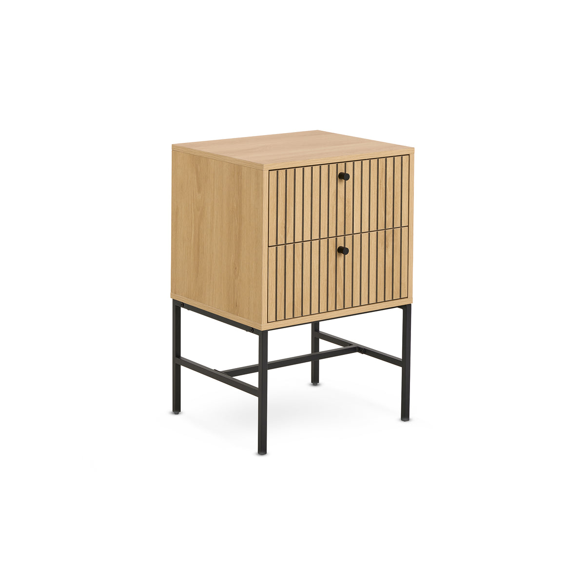 Table de chevet Bambouz 46 x 70, couleur chêne – vue de profil sur la façade à lamelles et le piètement en acier noir