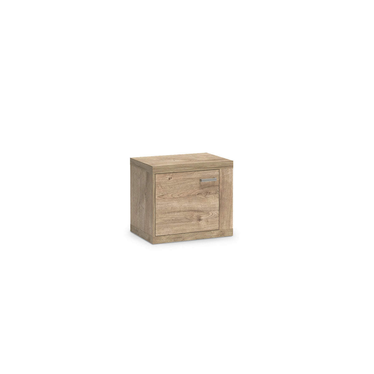Table de chevet Korin 57x51 coloris chêne – table de chevet avec porte et poignée métallique, vue de biais