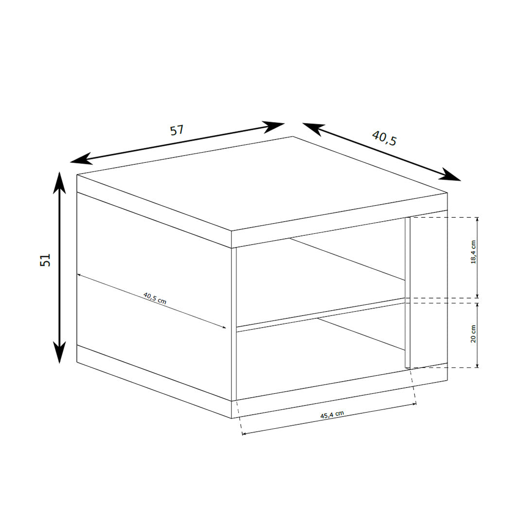Table de chevet Korin 57x51 – schéma avec largeur, hauteur et profondeur