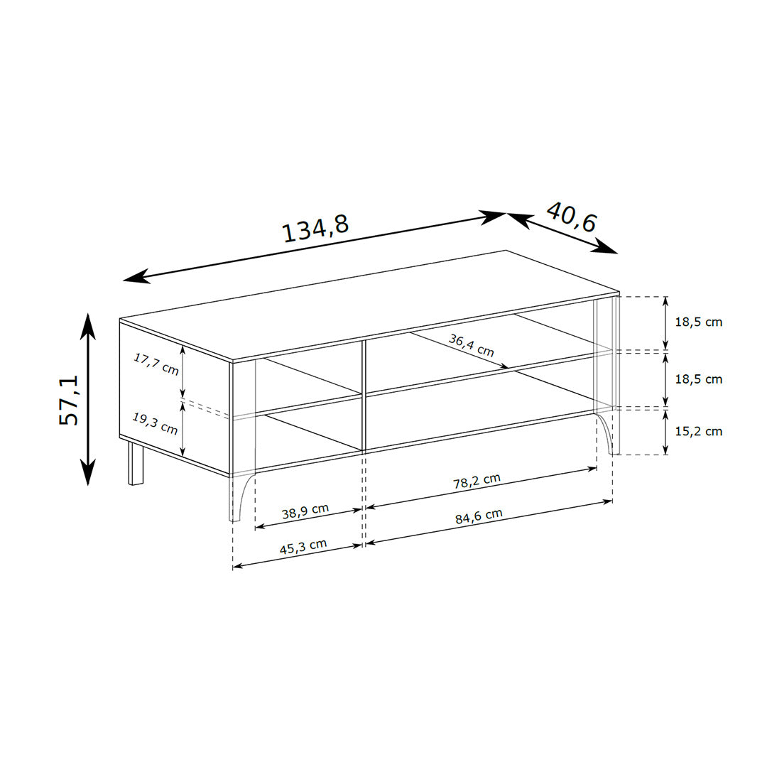 Meuble TV EKLIPSO 135x57 avec étagère ouverte au style moderne - dessin coté | Pillovely