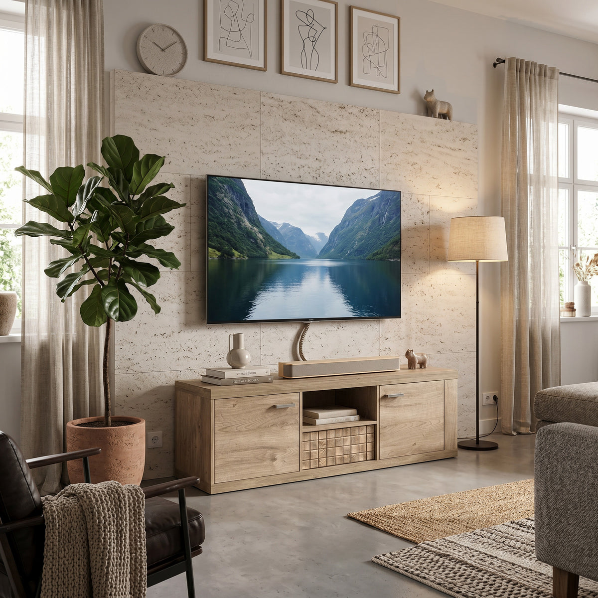 Meuble TV Korin 151x51 sous la télévision contre un mur en travertin, avec barre de son – meuble TV style bohème