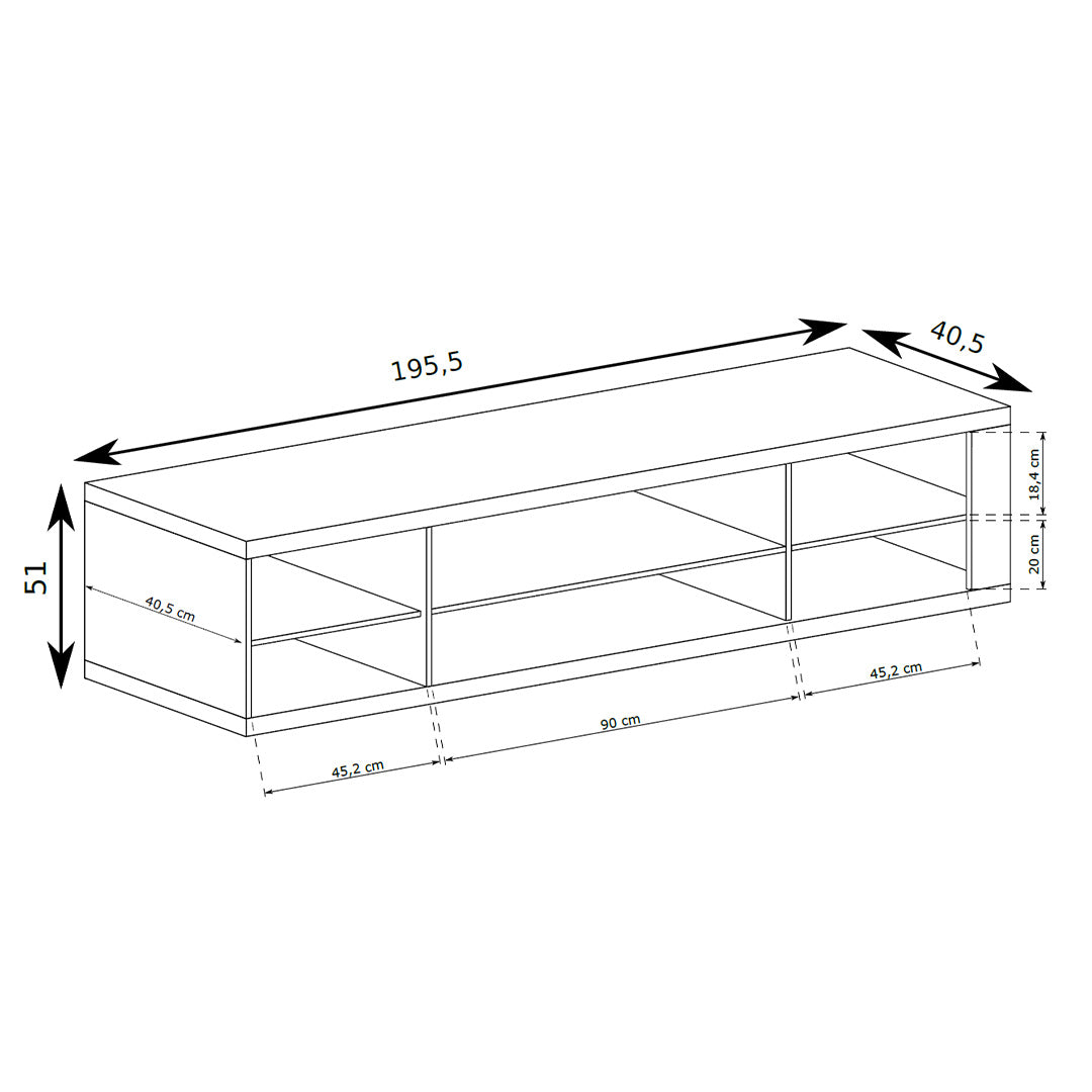 Meuble TV Korin 196x51 – schéma des dimensions avec largeur, hauteur et profondeur