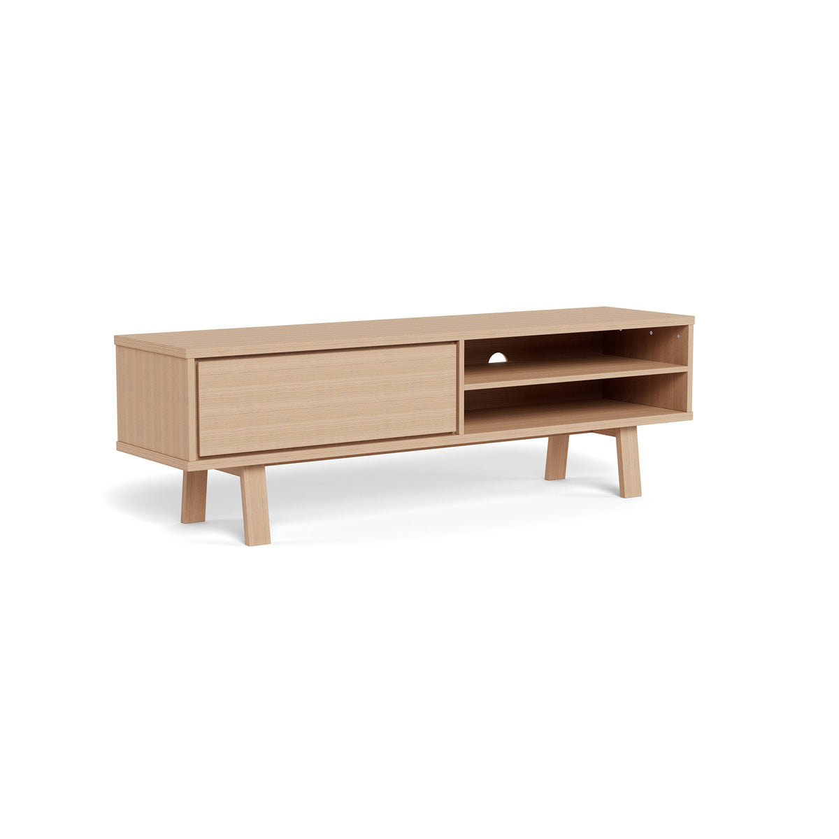 Meuble TV Lurisse 160 x 50, chêne blanchi – vue de profil, meuble TV avec un tiroir et deux compartiments ouverts