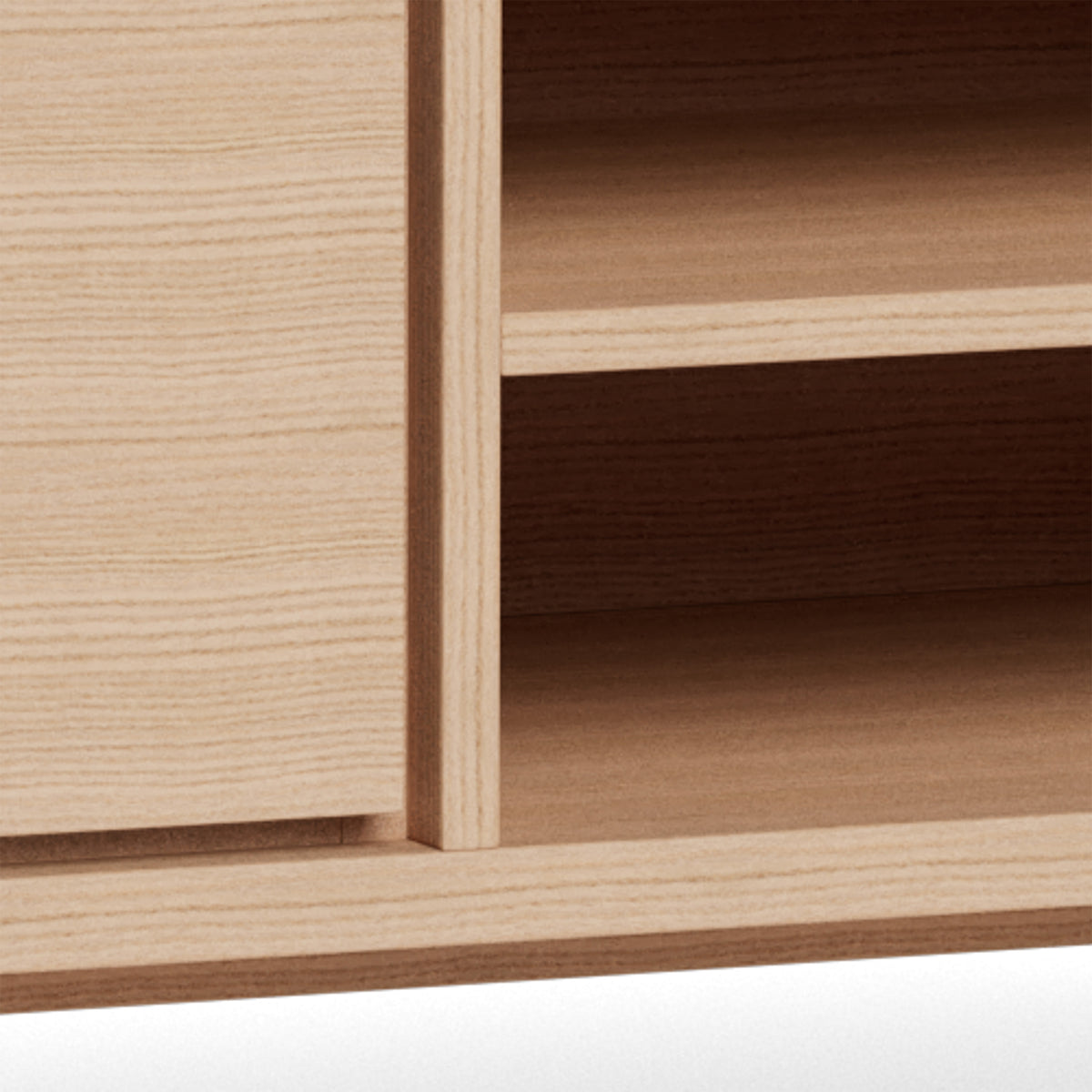 Meuble TV Lurisse 160 x 50, chêne blanchi – gros plan sur le grain du placage, façade du tiroir et étagère dans la niche