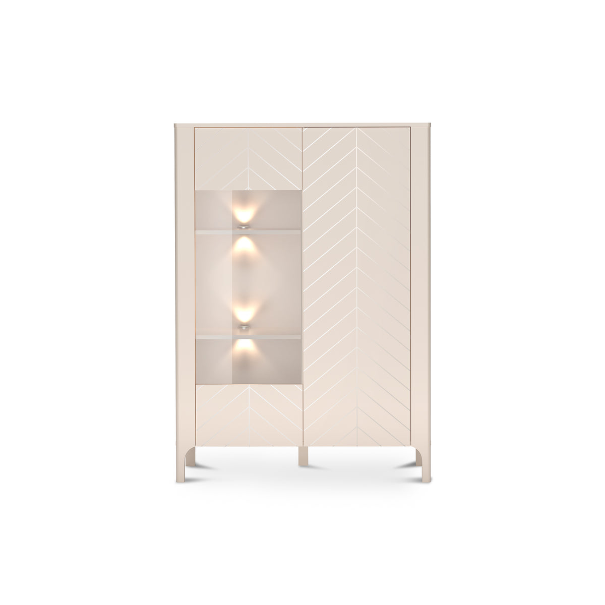Vitrine EKLIPSO 103x145 avec vitrage de style moderne, couleur cachemire - vue de face avec éclairage LED | Pillovely