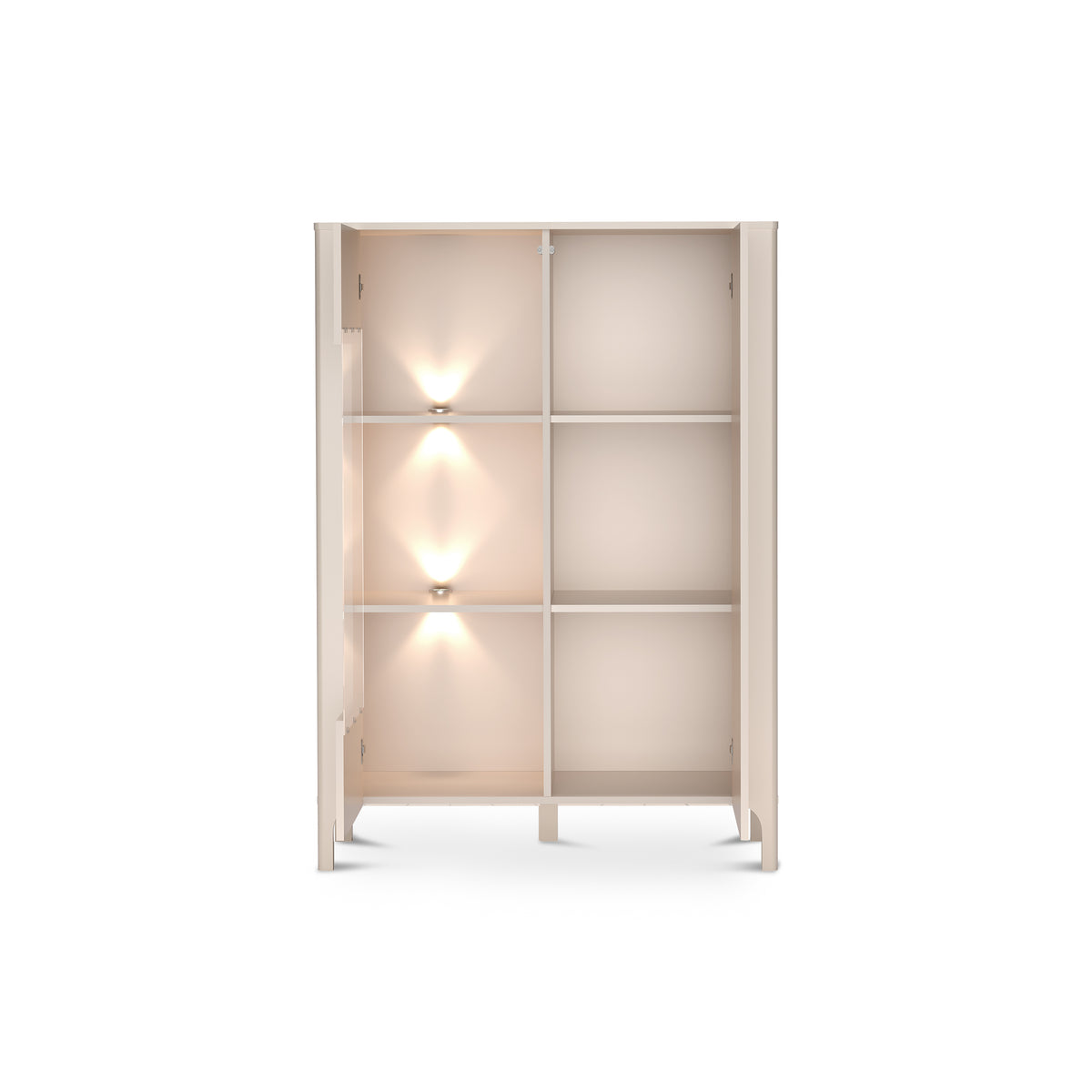 Vitrine EKLIPSO 103x145 avec vitrage dans un style moderne, coloris Cachemire - intérieur après ouverture avec éclairage LED | Pillovely