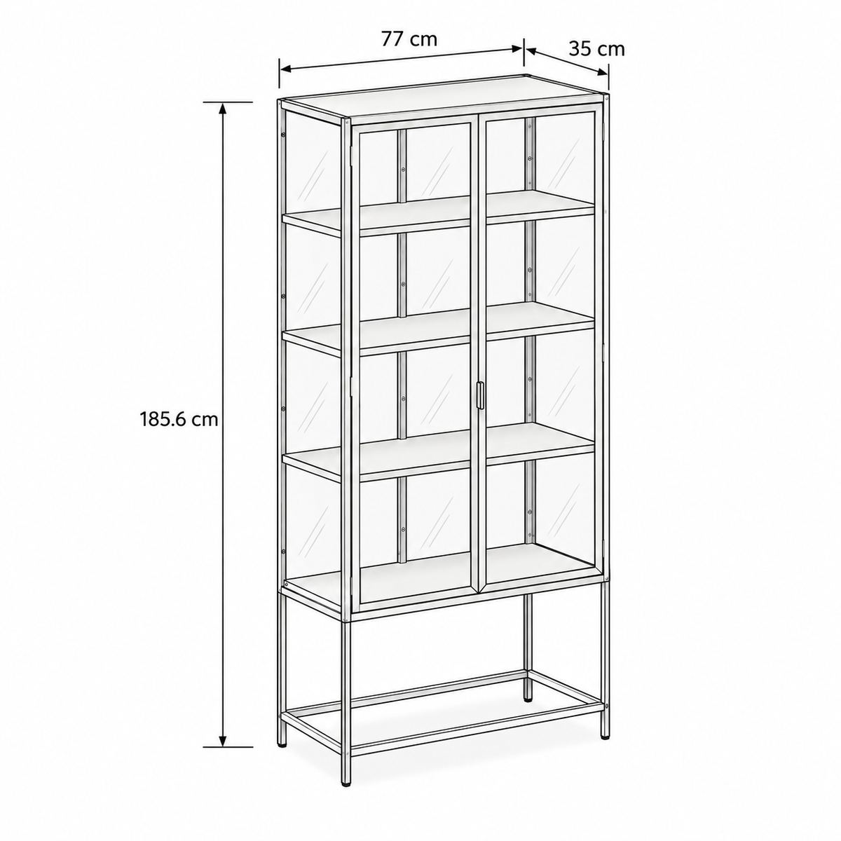 Vitrine Skeleto 77 x 186 – plan coté indiquant la largeur, la hauteur et la profondeur