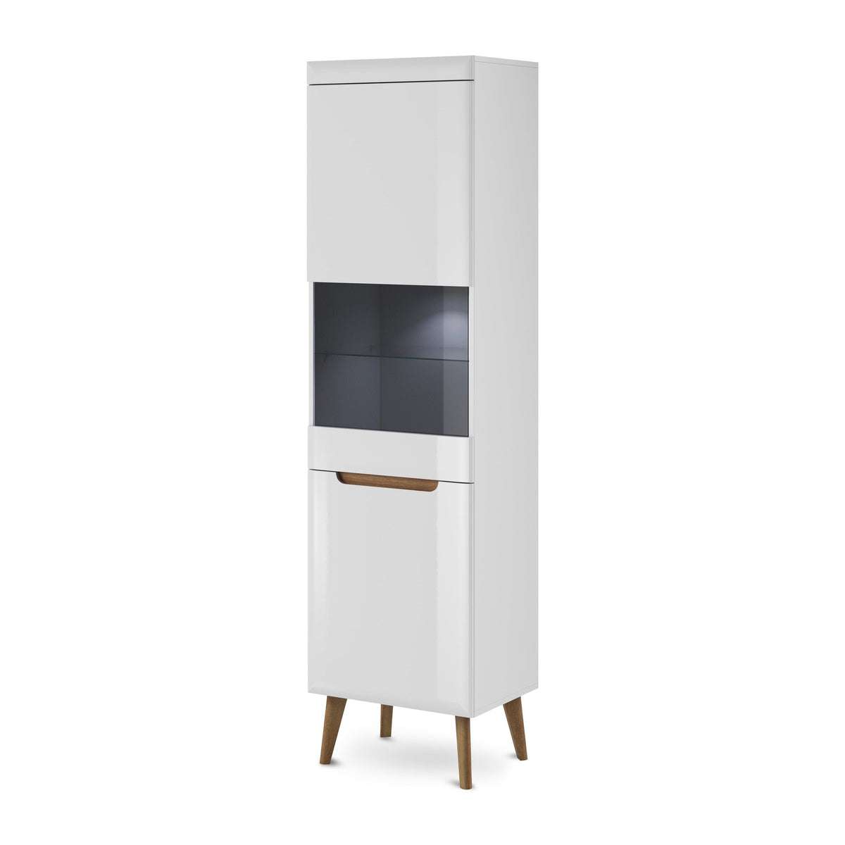 Trava Glass Display Cabinet 53x197 cm, Scandinavian Style – White Gloss Riviera Oak